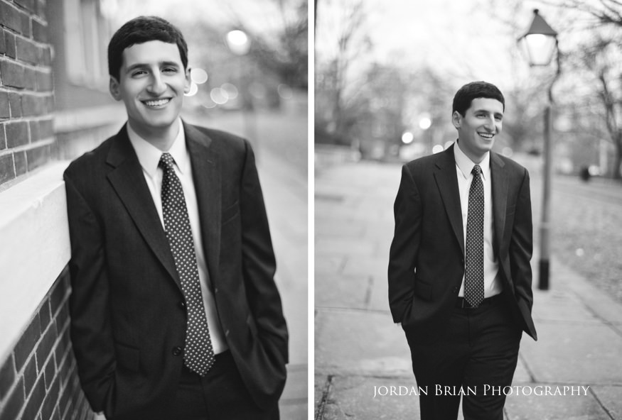 Grace and Max walking through Philadelphia streets on their winter elopement day
