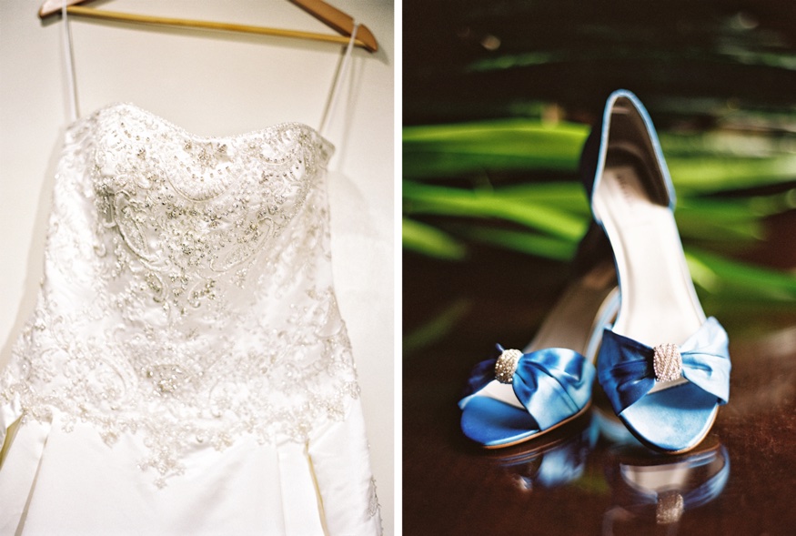 Bride's wedding dress and shoes.