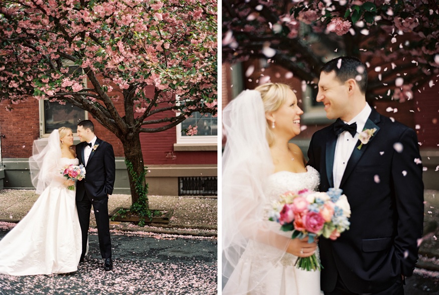 Bride and groom portraits cherry blossoms