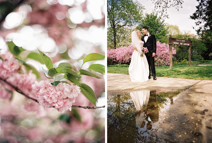 Bride and groom portraits at Philadelphia Azalea garden.