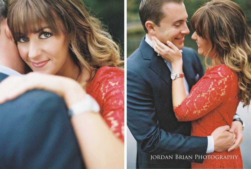 Holly smiling in autumn woods during fall engagement session New Jersey