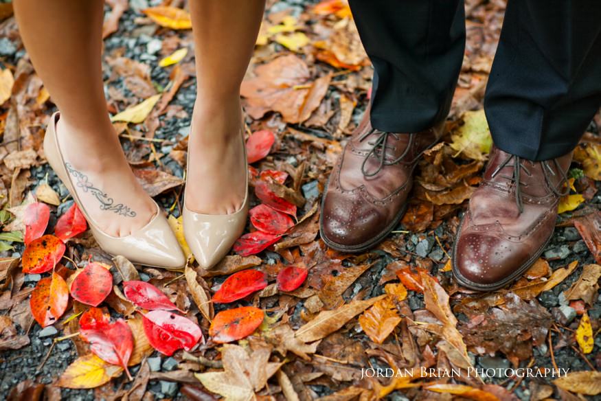 Couple embracing in autumn light, Medford NJ engagement session