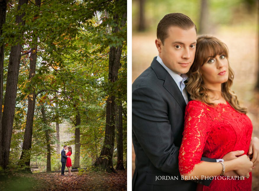 Holly and Chris romantic portrait in fall color at Medford Park