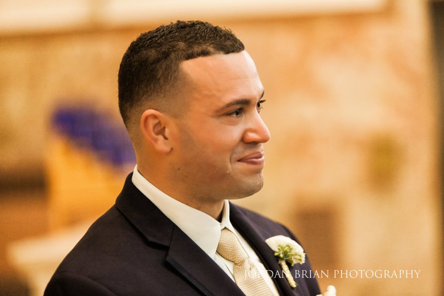 Groom seeing Bride walk down aisle at St Anthony Church in NJ.