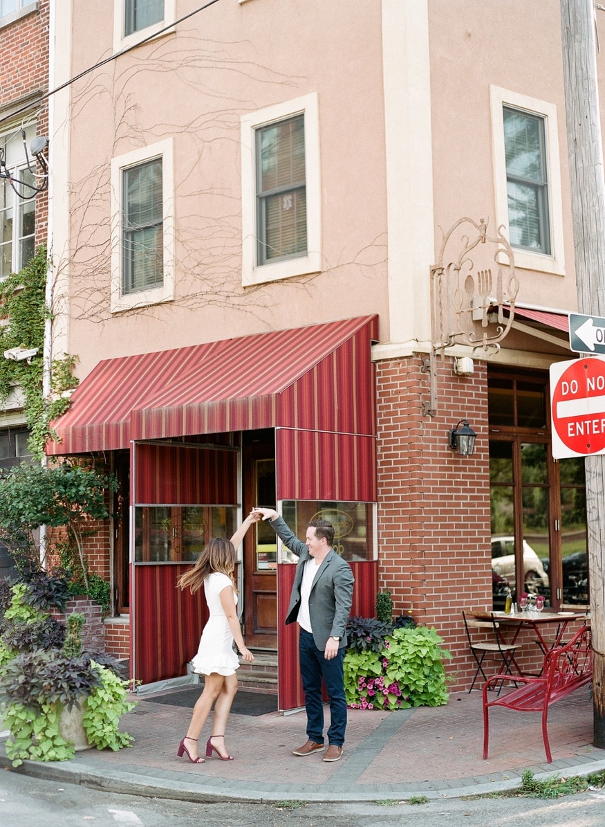Vertical portrait of Jamie and Chad at their favorite Philadelphia restaurant, Radicchio Cafe.