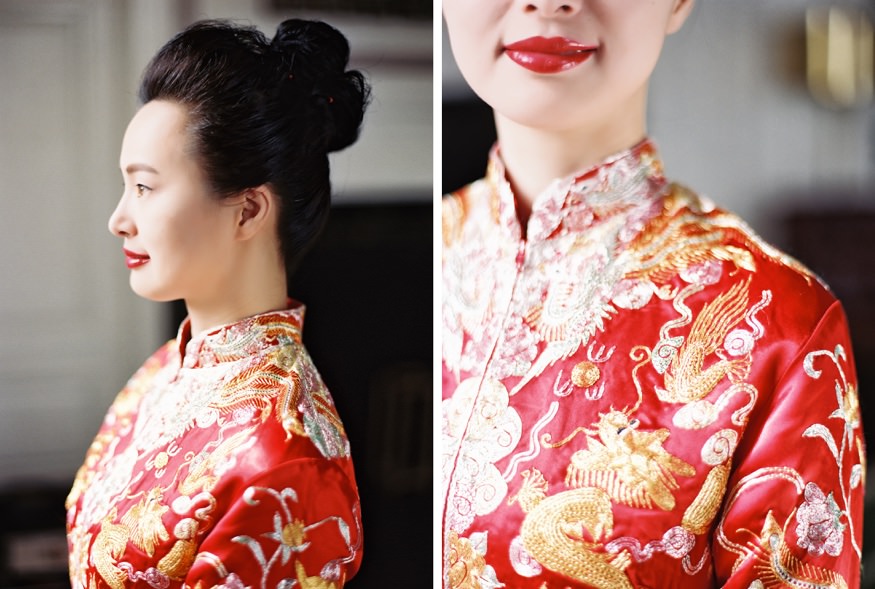 Bride in Tradtional Chinese wedding dress at Chinese Philadelphia Wedding.