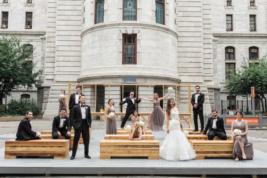 bridal party portrait at city hall in philadelphia