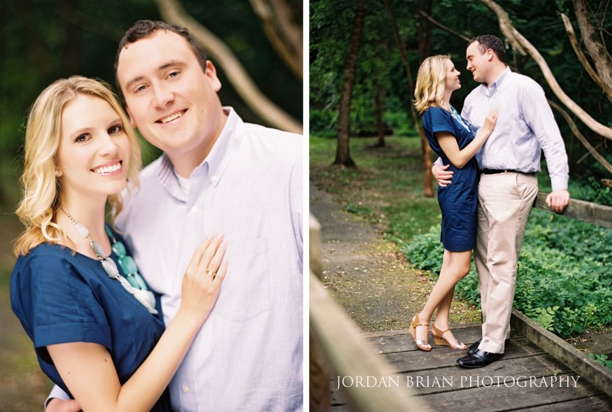 Katarina and Kyle among the trees in the wooded section of Fairmount Park engagement session