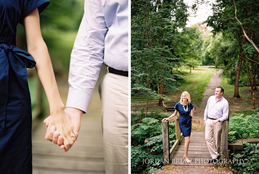 Katarina and Kyle walking through a shaded path at Fairmount Park Philadelphia engagement session