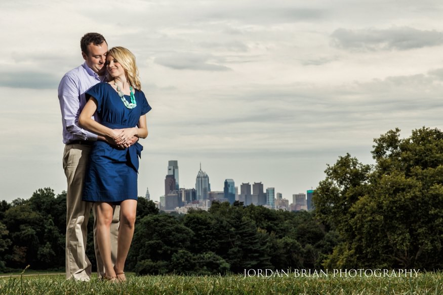 Katarina and Kyle at the upper Fairmount Park overlook with Philadelphia skyline engagement session