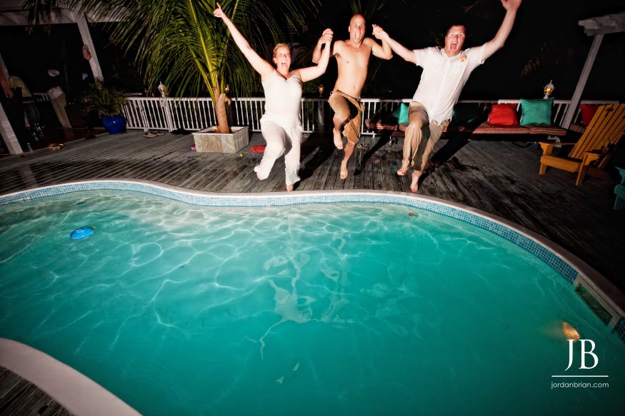 Final jump photo at Katie and Luke Hopetown Bahamas destination wedding