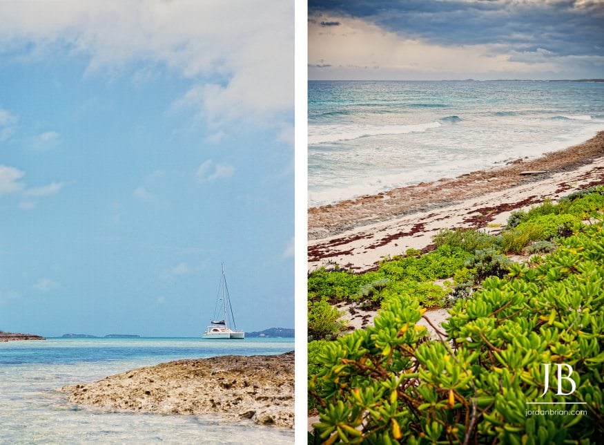 Katie and Luke wide shot engagement portrait Hope Town Bahamas panoramic
