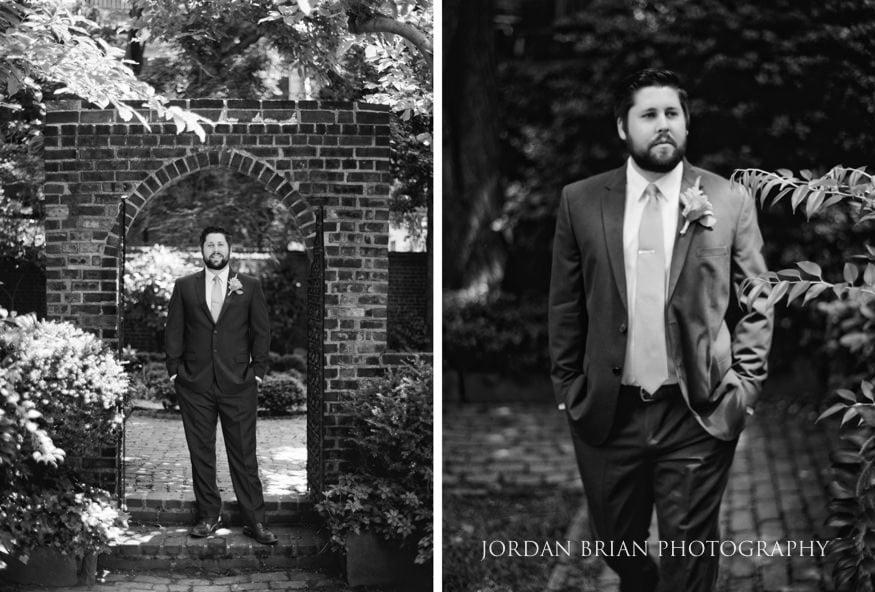 black and white film portrait of groom before wedding colonial dames society
