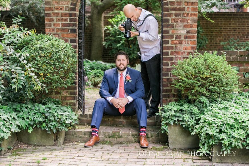 Colonial Dames Society Philadelphia couple first look rainy day portrait