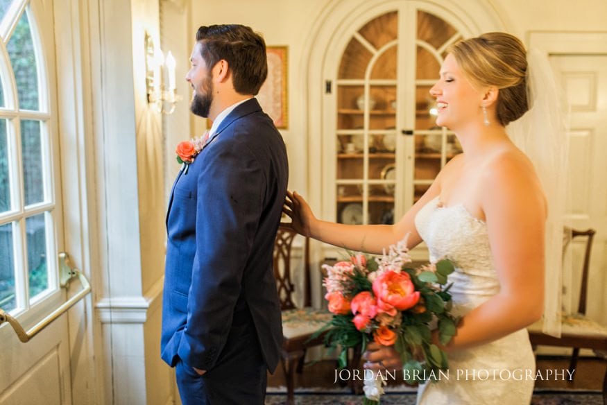 bride and groom first look at colonial dames society wedding