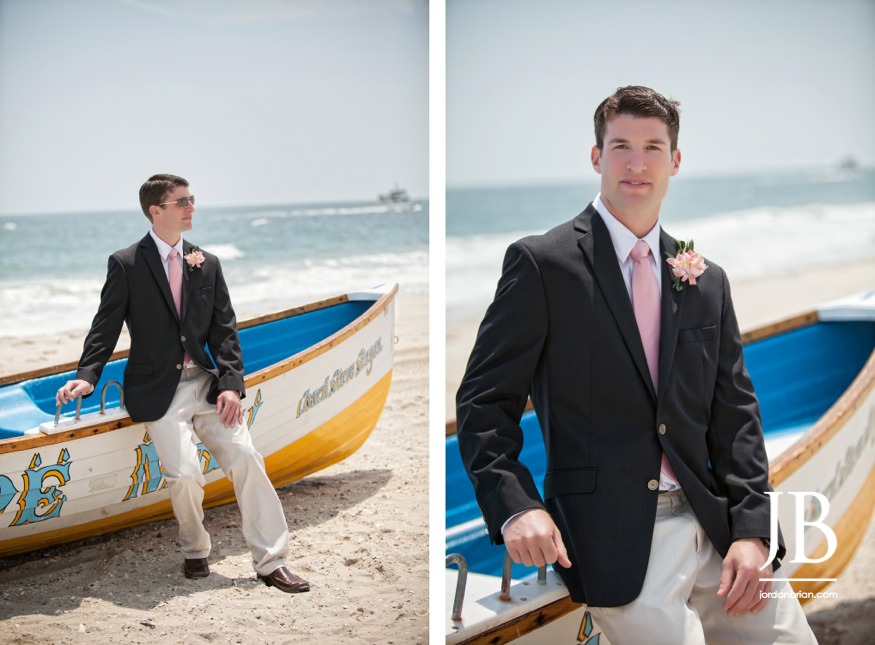 Kim and Kevin portrait on Cape May beach, sunny wedding day