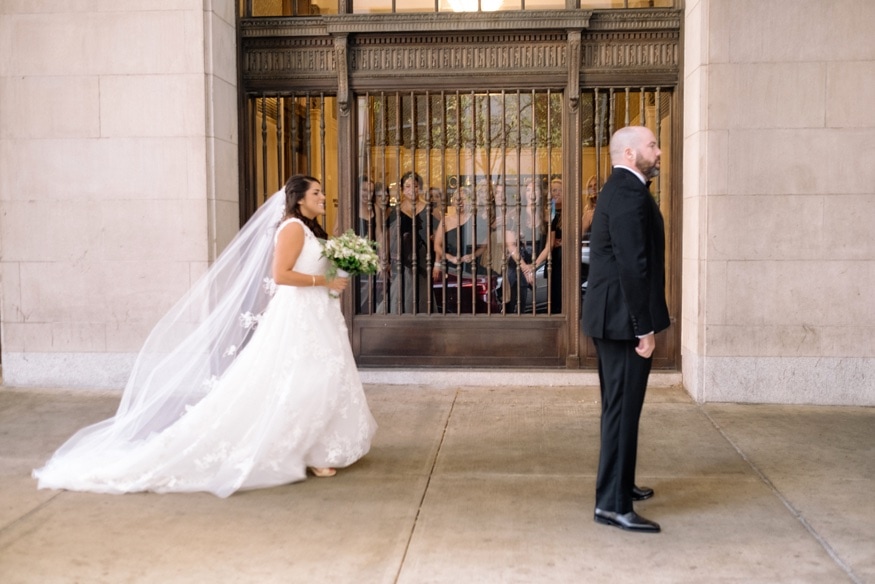 Bride & Groom first look outside of the Notary Hotel in Philadelphia.