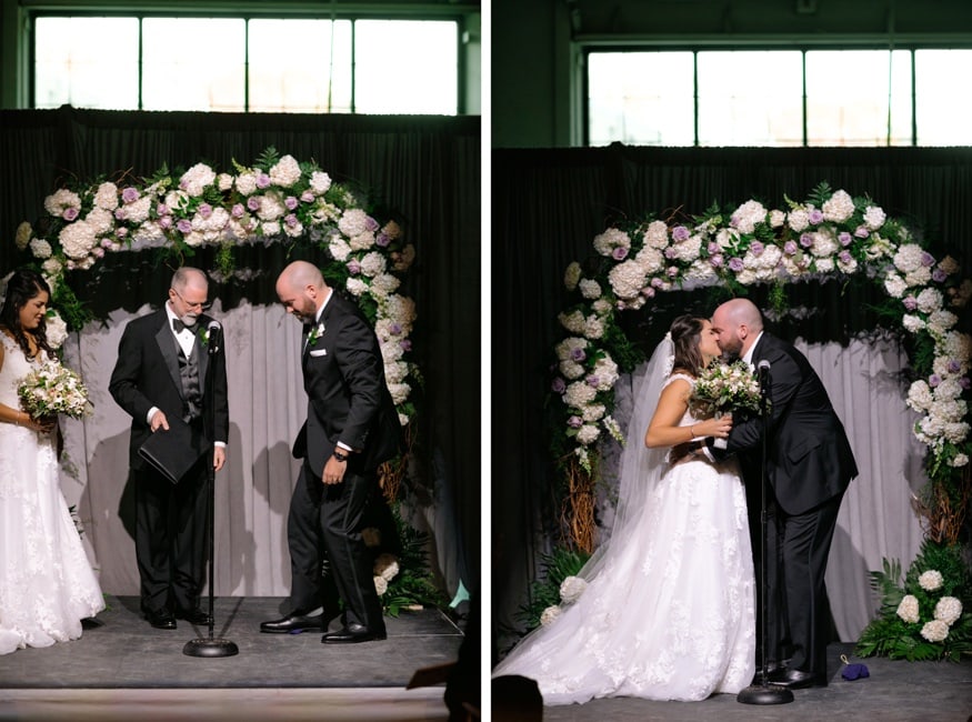 First kiss at Moulin Philadelphia wedding ceremony.
