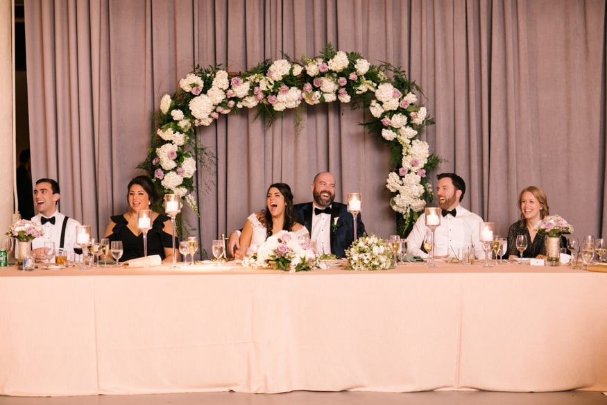 Bride and groom during speeches at Moulin Philadelphia wedding.