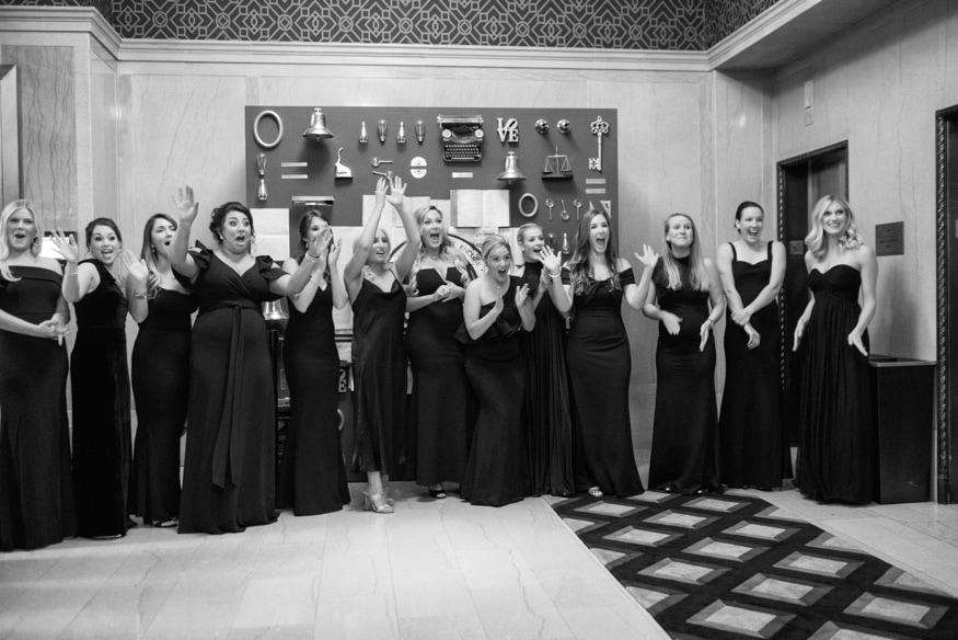 Bride's first look with Bridal Party at the Notary Hotel.
