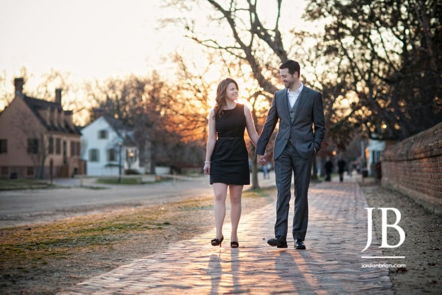 Laura and Justin Williamsburg Virginia engagement portraits winter golden light