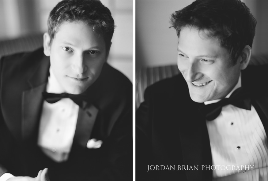 Black and white film portraits of groom before Windows on the Water atFrogbridge wedding.