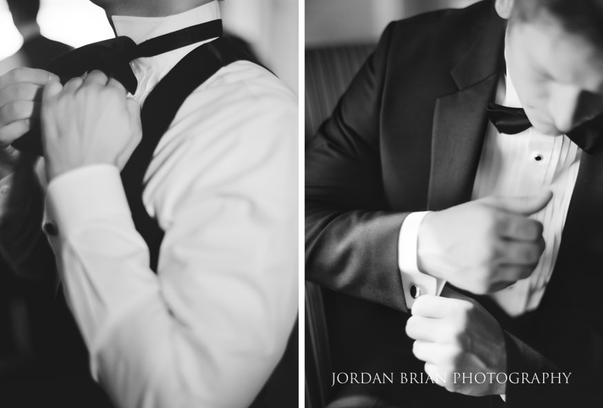Black and white film portraits of groom before Windows on the Water at Frogbridge wedding.