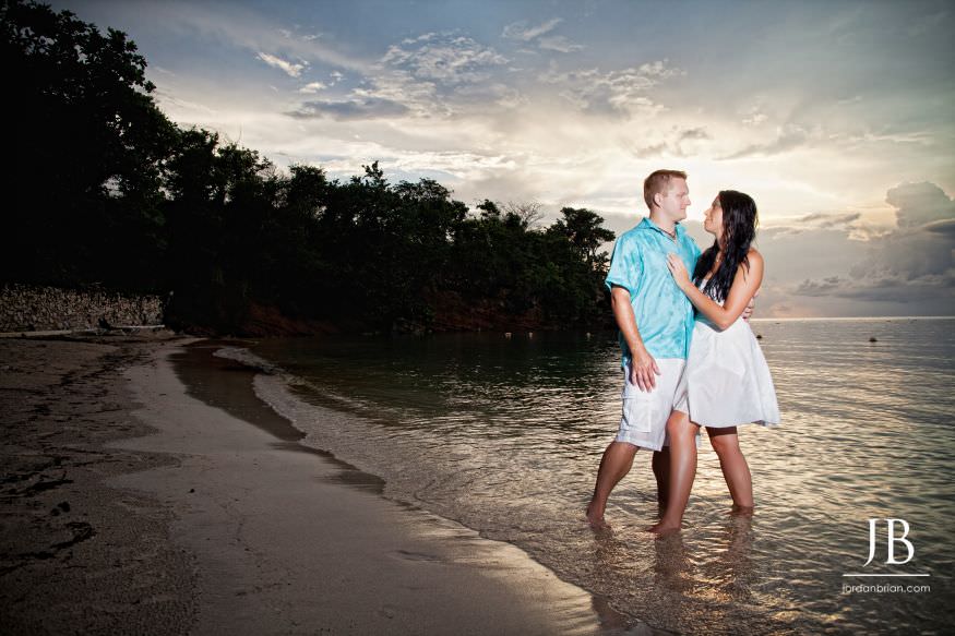 Laurie and Jason beachside engagement portrait at Grand Palladium Resort Jamaica