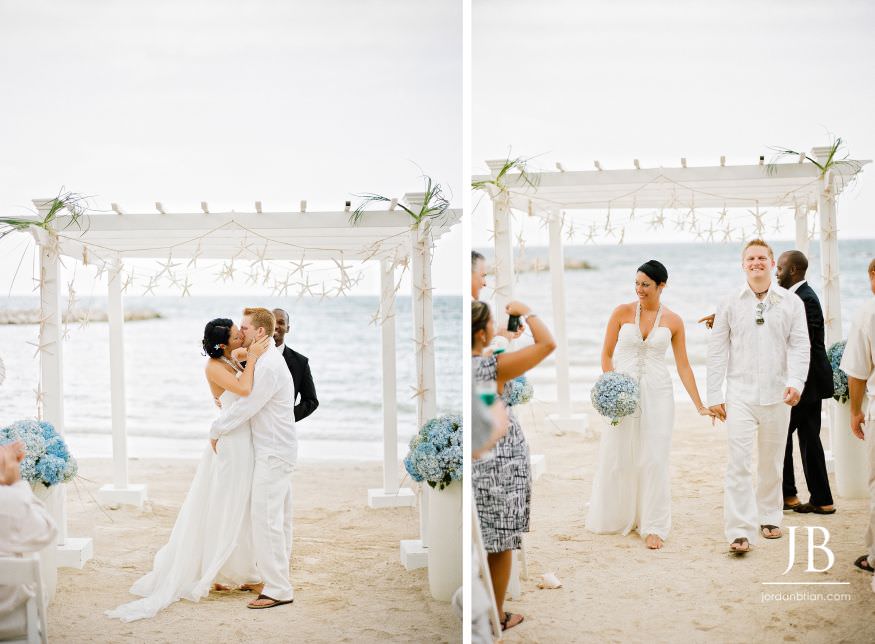 Laurie and Jason walking away as newlyweds after their Jamaica beach ceremony