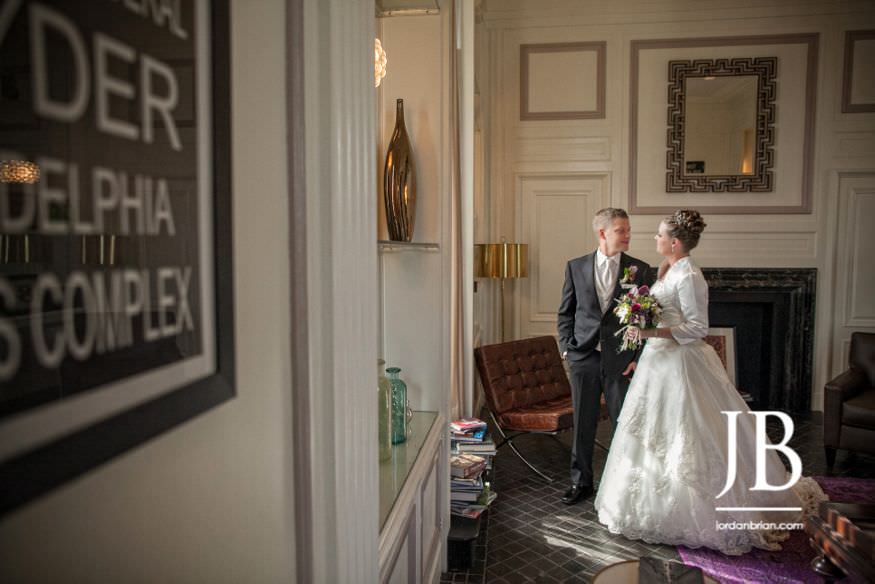 Layla and Chad couple portrait at Hotel Palomar Philadelphia before fall wedding