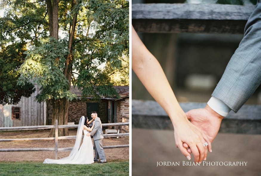 bride and groom holding hands at knowlton mansion wedding