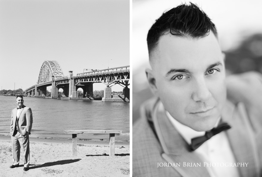 portrait of groom infront of tacony palmyra bridge