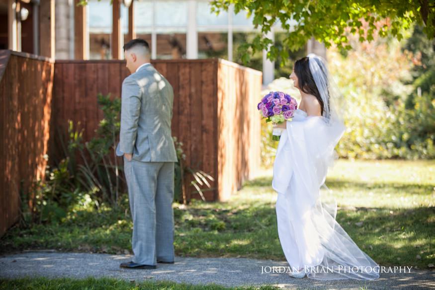 bride and groom first look before wedding at knowlton mansion