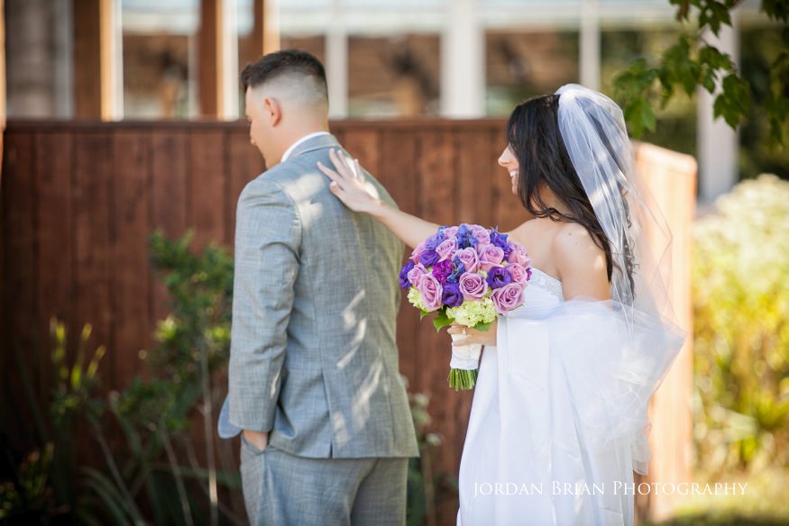 bride and groom first look at palmyra nature cove park