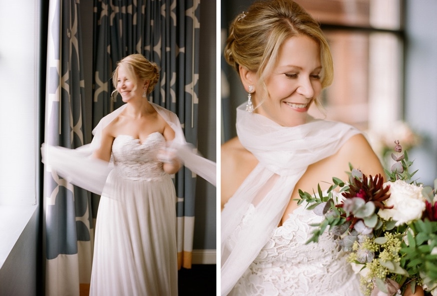Bride getting ready at the Hotel Monaco before Museum of the American Revolution wedding.