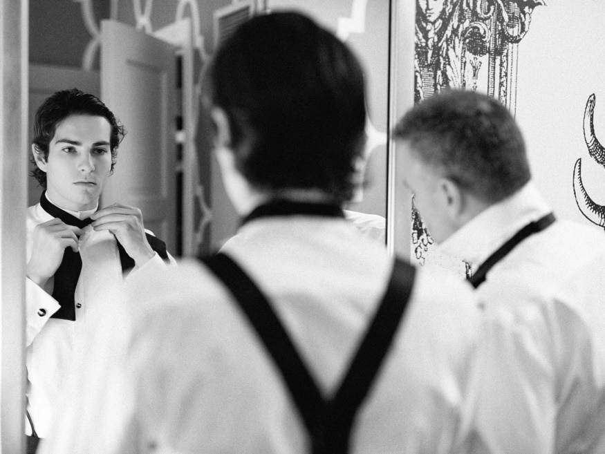 Groom getting ready at the Hotel Monaco before Museum of the American Revolution wedding.