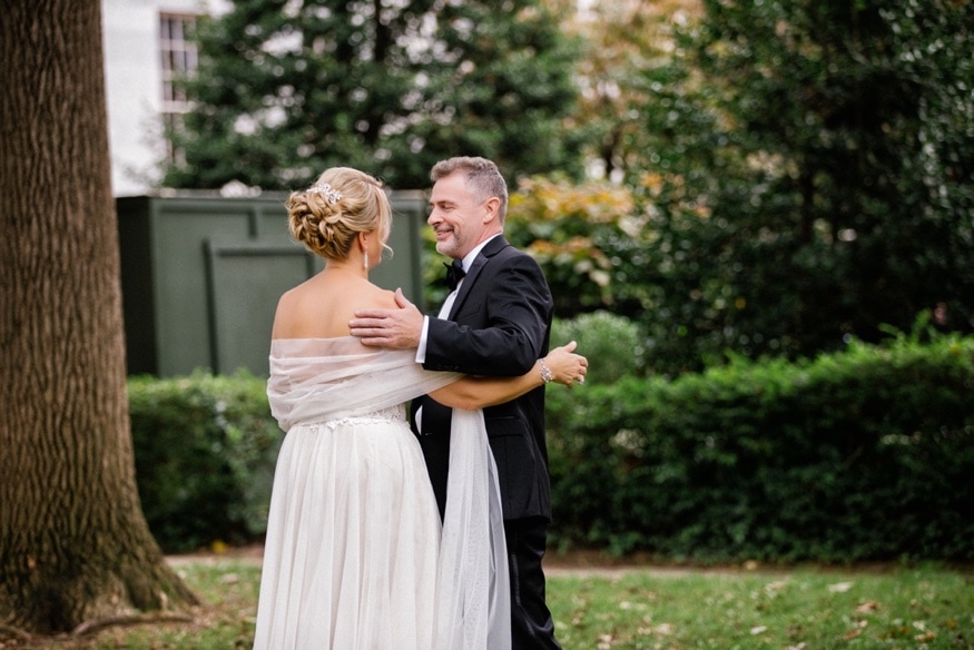 Bride and Groom first meet before Museum of American Revolution wedding.
