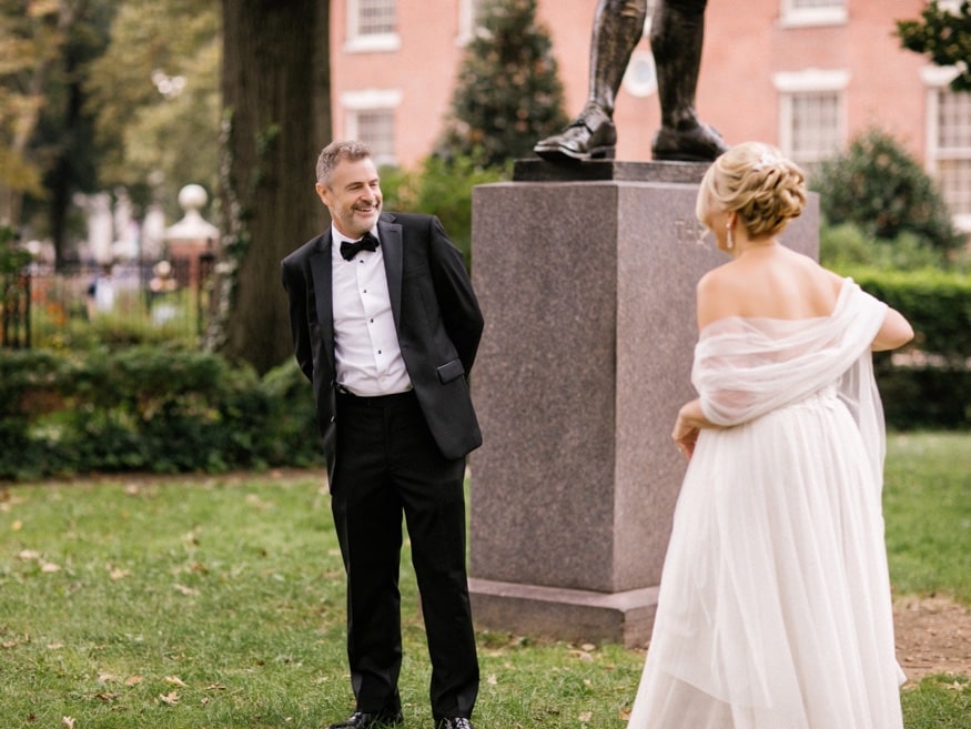 Bride and Groom first meet before Museum of American Revolution wedding.
