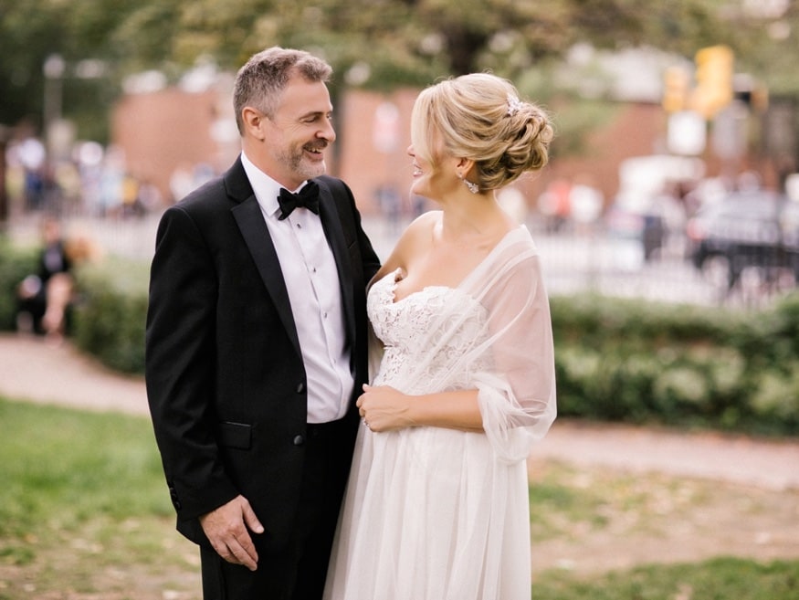 Bride and Groom first meet before Museum of American Revolution wedding.