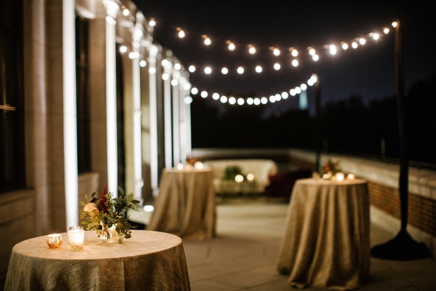 DFW Event Design terrace setup at MOAR with crisp autumn evening atmosphere.