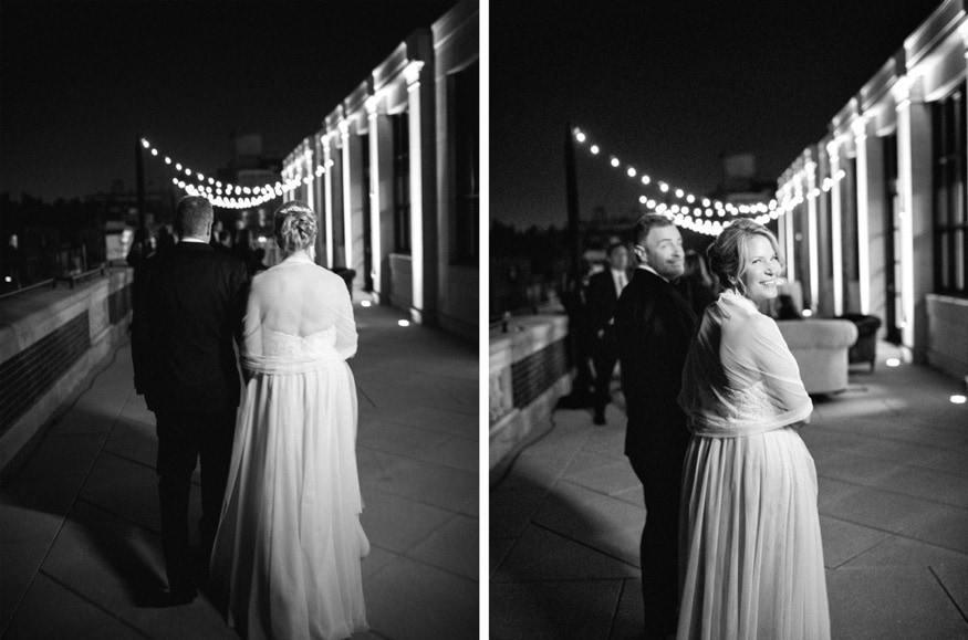 Night portraits of Bride & Groom on the terrace at American Revolution wedding.