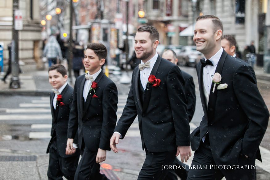 Groomsmen walking photos in Rittenhouse Square