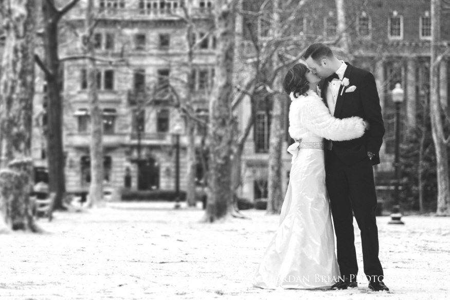 snowy bride and groom portrait Rittenhouse Square