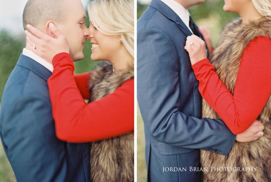 Kevin in suit during winter engagement portraits at the Vineland Christmas tree farm