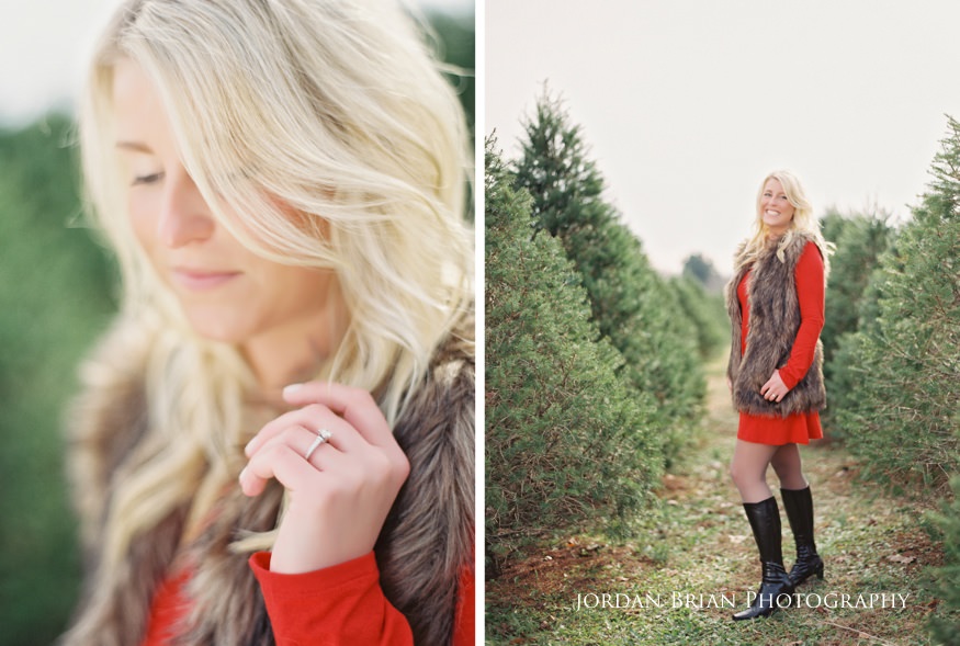 Megan and Kevin laughing together among snow-dusted Christmas trees, South Jersey engagement portraits