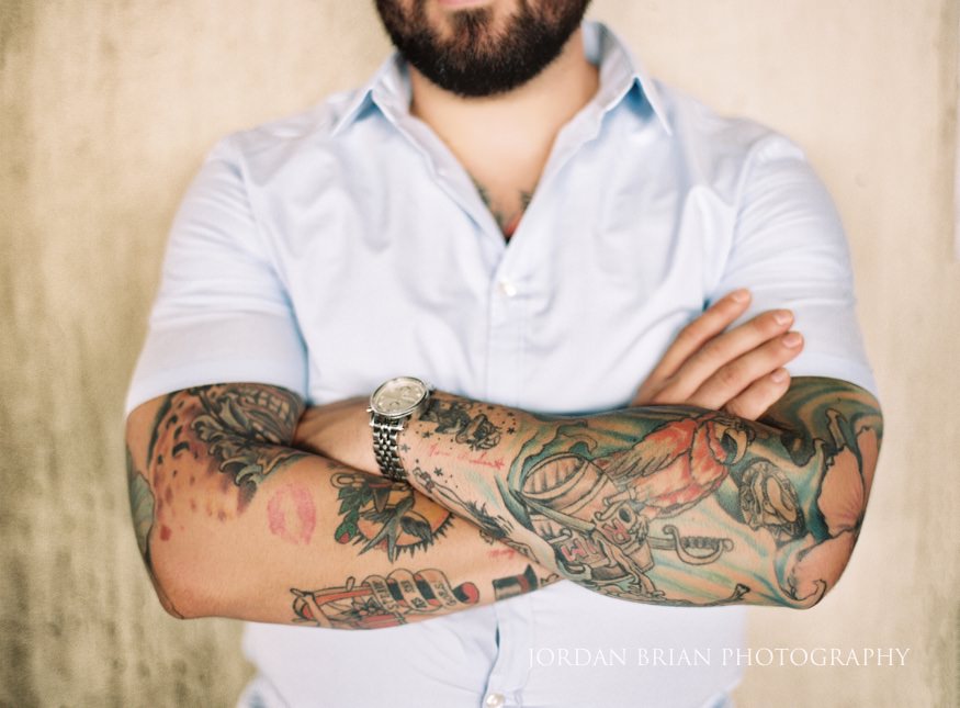 portrait of groom's tattoos at philadelphia engagement session