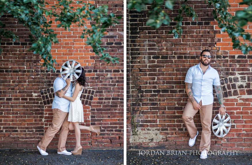 couple infront of brick wall at philadelphia engagement