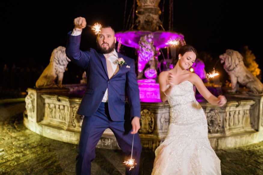 Bride and Groom night portraits with sparklers at Trump National Golf Club wedding.