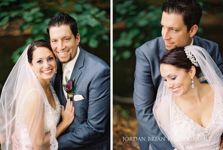 Bride and groom by creek Old Mill at Rose Valley wedding