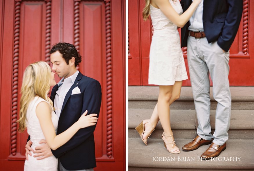 Rebecca and Nick walking together near Rittenhouse Square, Philadelphia engagement portraits
